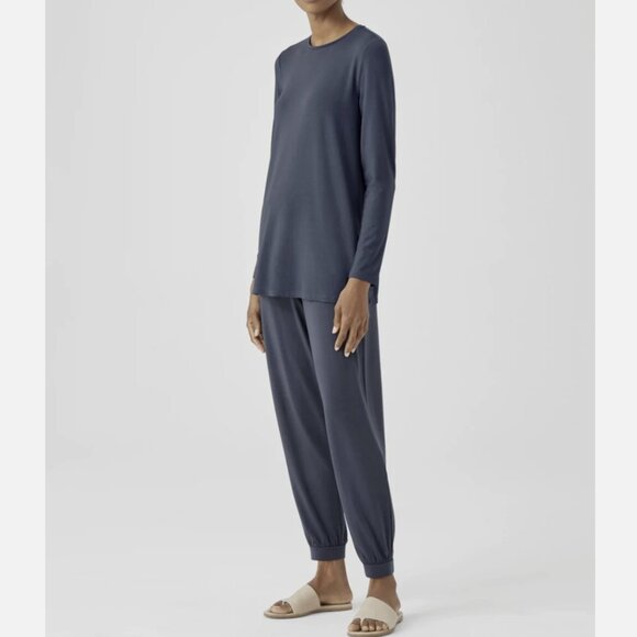 Eileen Fisher Ocean Blue Fine Jersey Crew Neck Long Length Top - Picture 2 of 5